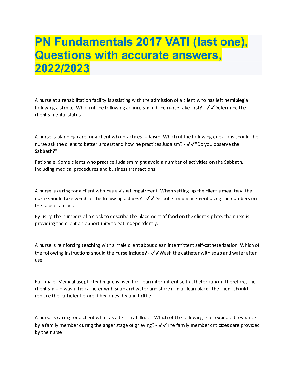 Preview image for PN Fundamentals 2017 VATI (last one), Questions with accurate answers, 2022/2023